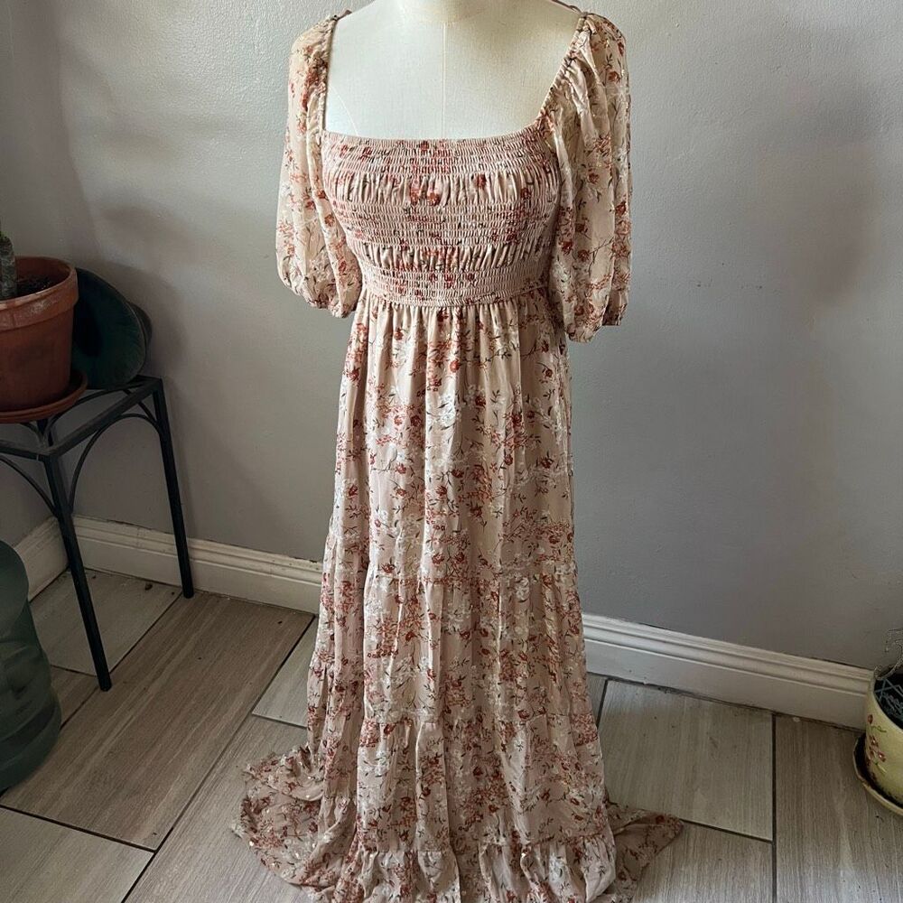 Audrey Parks for Francesca's floral smocked tiered maxi dress with puff sleeves